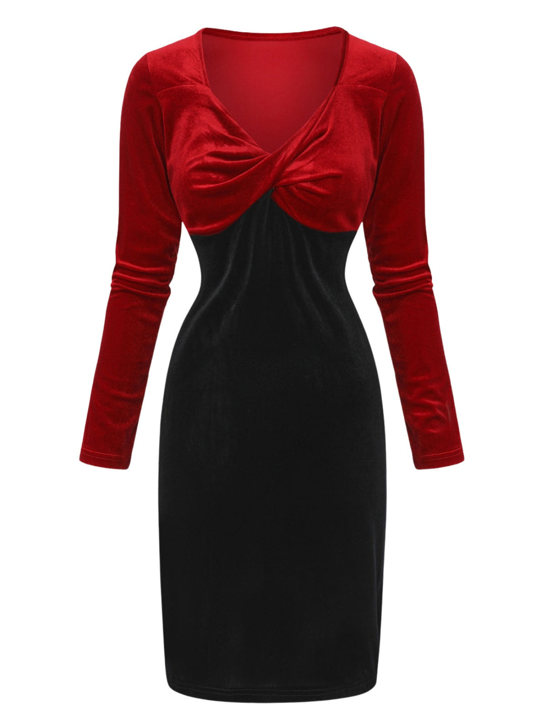 Red &amp; Black 1960s Velvet Twisted V-Neck Bodycon Dress - vintage dress, retro fashion, classic black
