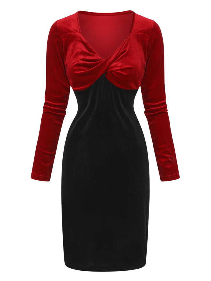 Red &amp; Black 1960s Velvet Twisted V-Neck Bodycon Dress - vintage dress, retro fashion, classic black
