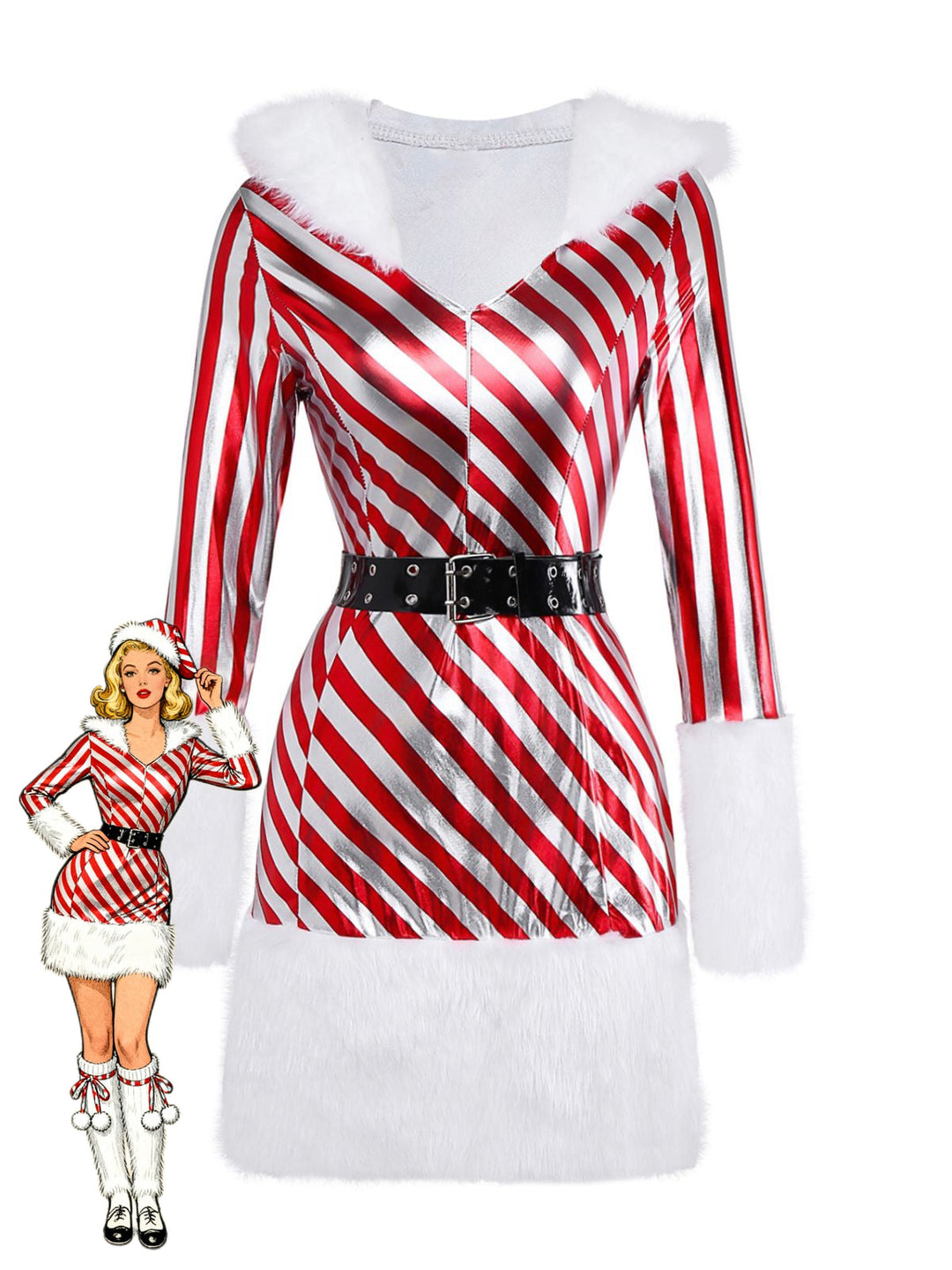 Red 1960s Candy Cane Stripe Hooded Dress &amp; Leg Warmers - vintage dress, retro fashion, elegant red