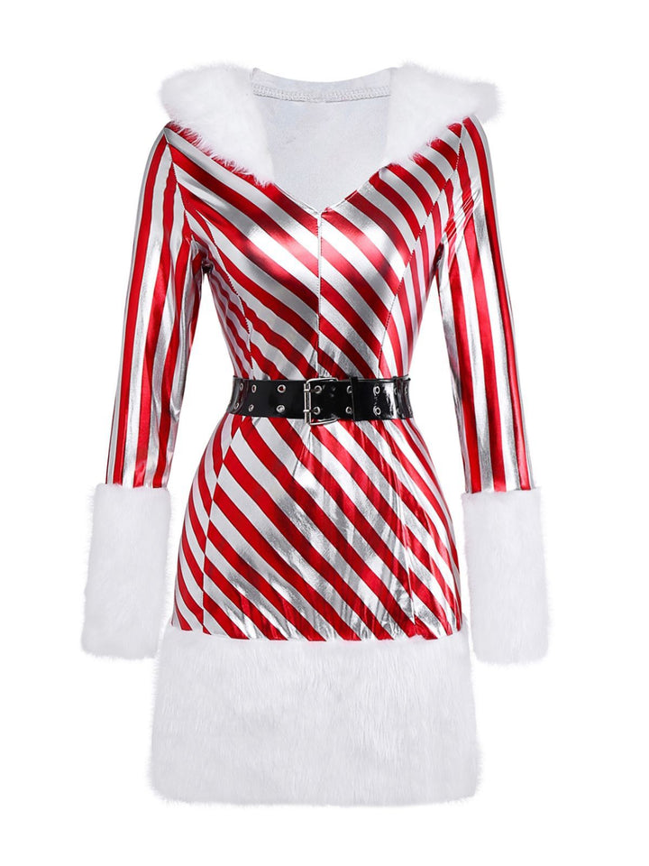 Red 1960s Candy Cane Stripe Hooded Dress &amp; Leg Warmers - vintage dress, retro fashion, elegant red