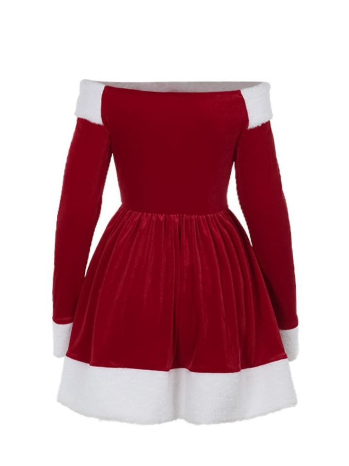 Red 1960s Christmas Velvet Off-Shoulder Long Sleeve Dress - vintage dress, fashion, elegant red