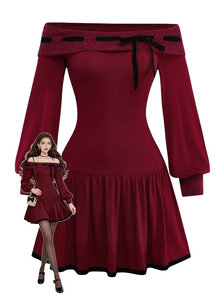 Red 1960s Off-Shoulder Bow Knit Lantern Sleeve Dress - vintage dress, retro fashion, elegant red