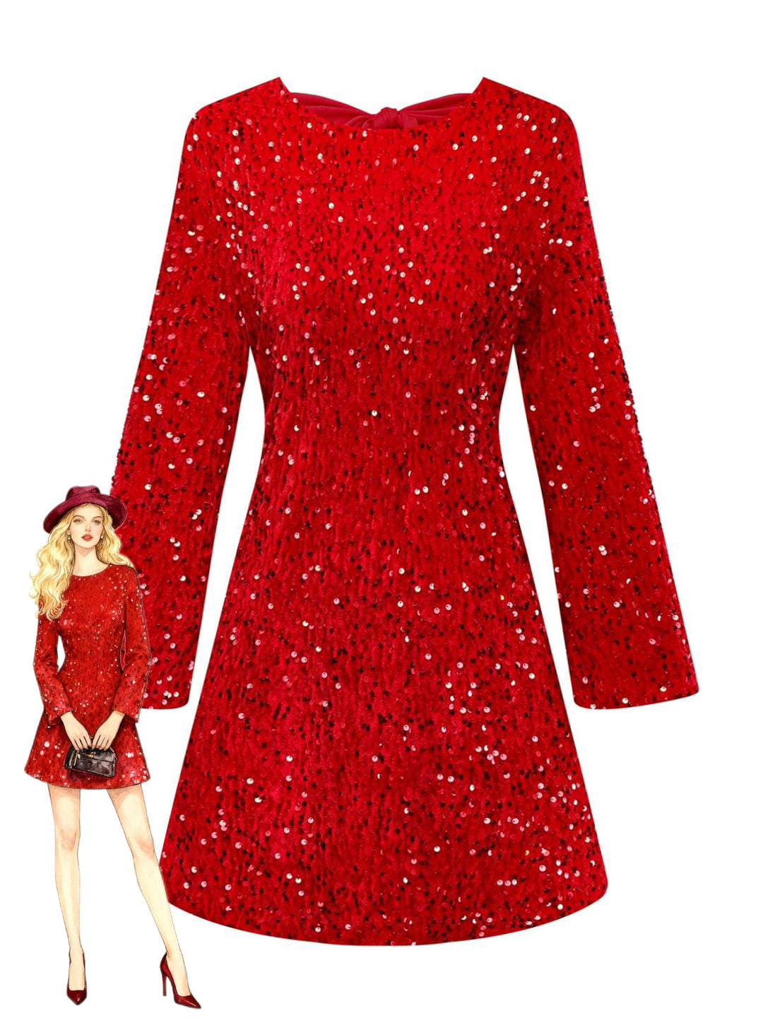Red 1960s Sequined Bow Round Neck Long Sleeve Dress - vintage dress, retro fashion, elegant red