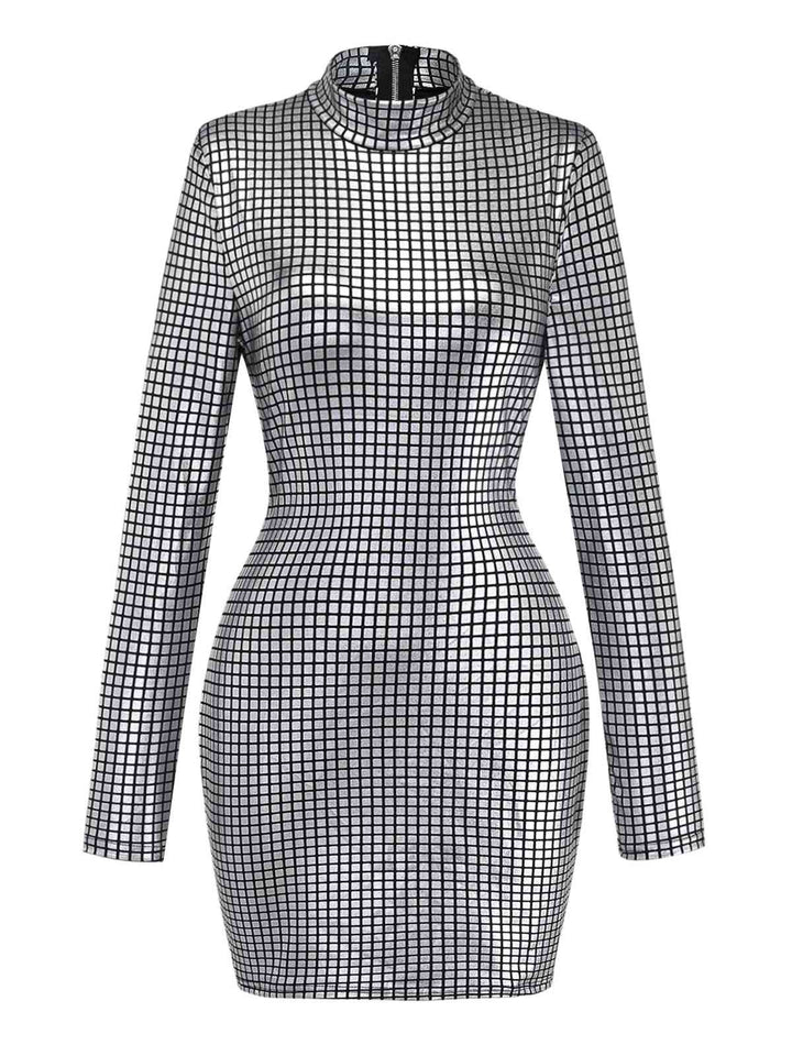 Silver 1960s Sparkly Square Sequin Mock Neck Mini Dress - vintage dress, retro fashion