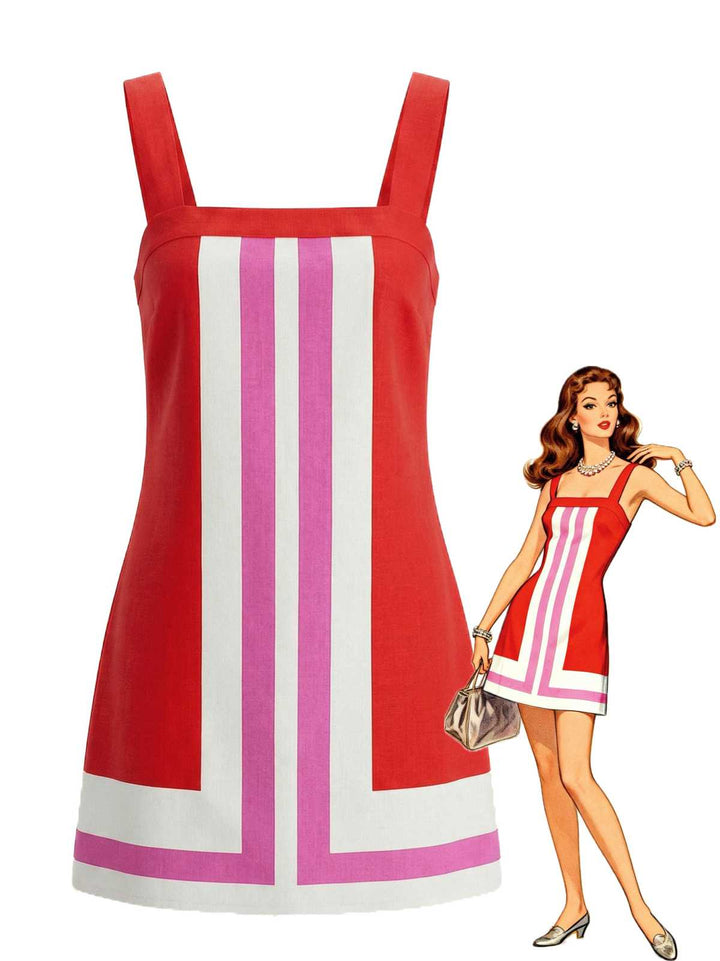 1960s Square Neck Geometric Colorblock Sleeveless Shift Mini Dress - vintage dress, retro fashion
