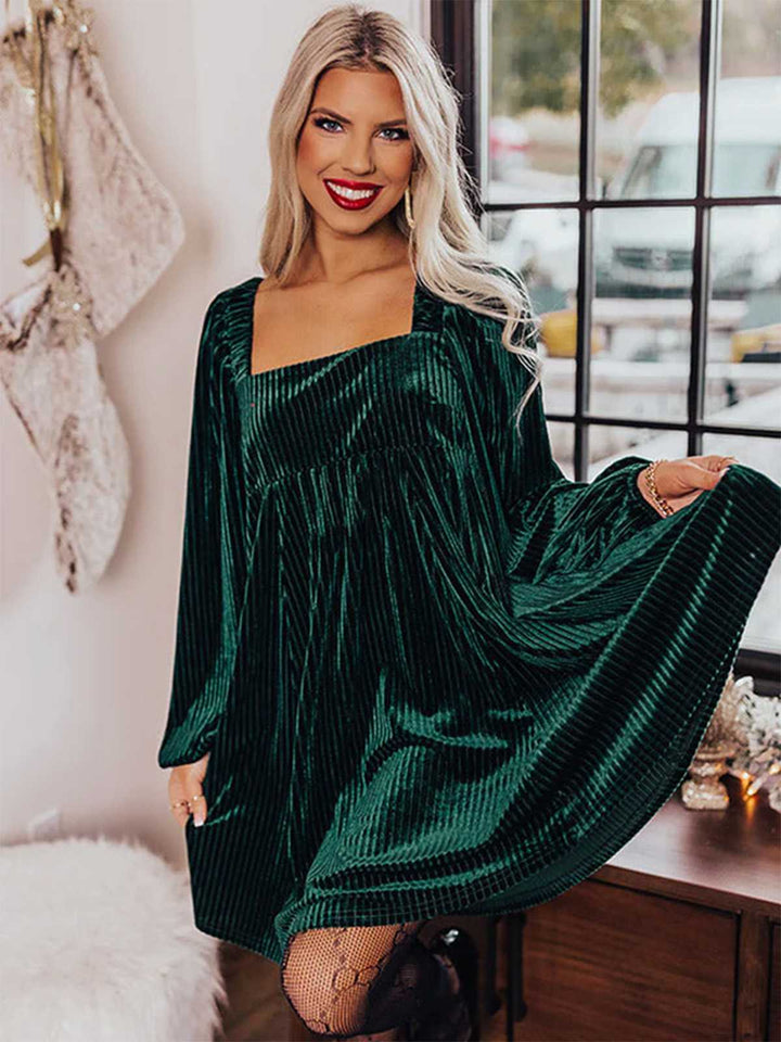 Square Neck Puff Sleeve Velvet Pocket Babydoll Dress - vintage dress, retro fashion