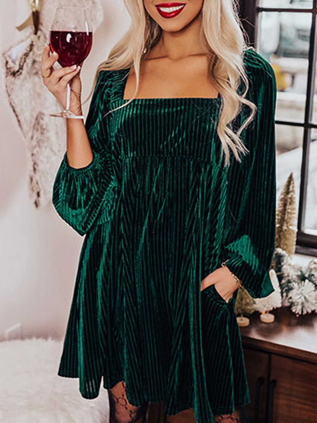 Square Neck Puff Sleeve Velvet Pocket Babydoll Dress - vintage dress, retro fashion
