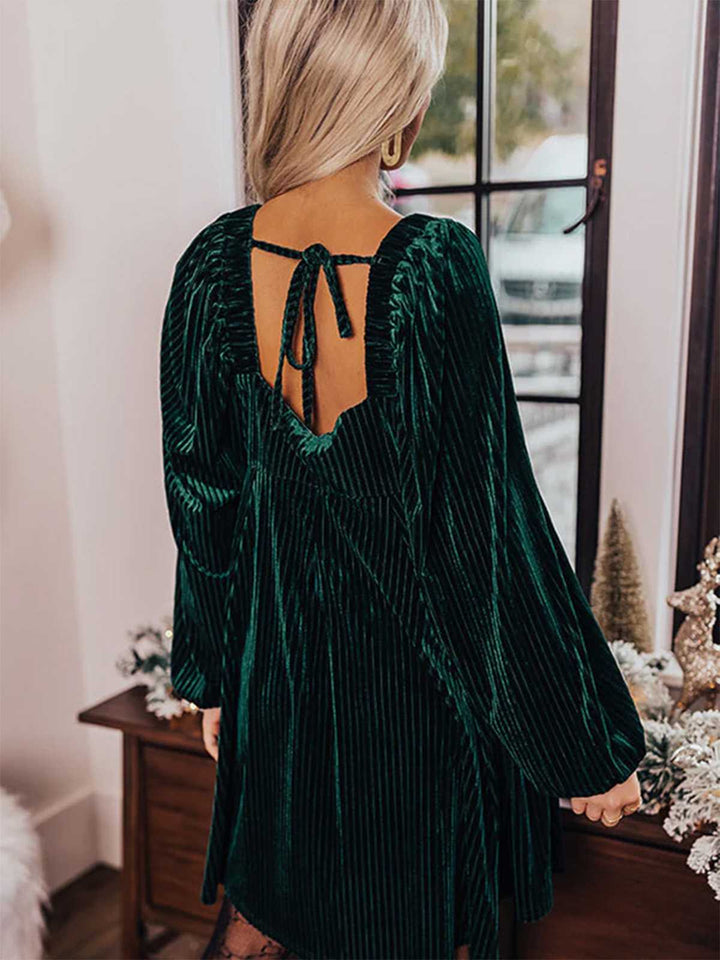 Square Neck Puff Sleeve Velvet Pocket Babydoll Dress - vintage dress, retro fashion