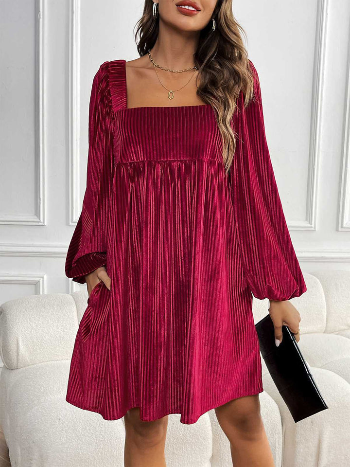 Square Neck Puff Sleeve Velvet Pocket Babydoll Dress - vintage dress, retro fashion