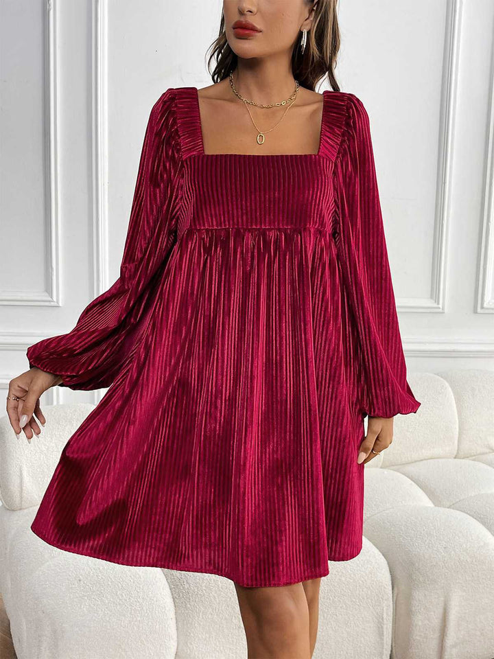 Square Neck Puff Sleeve Velvet Pocket Babydoll Dress - vintage dress, retro fashion