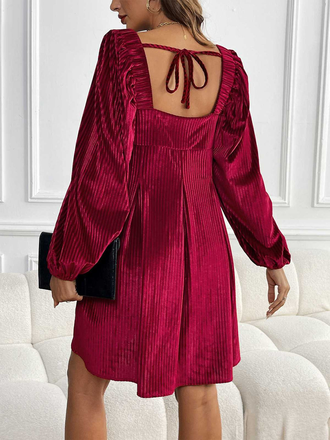 Square Neck Puff Sleeve Velvet Pocket Babydoll Dress - vintage dress, retro fashion