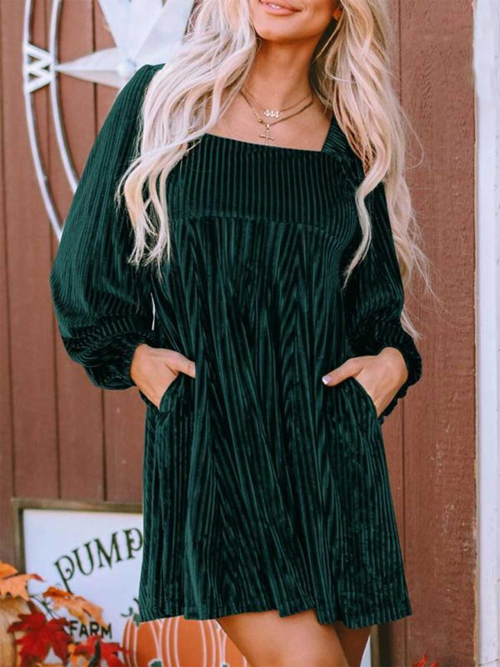Square Neck Puff Sleeve Velvet Pocket Babydoll Dress - vintage dress, retro fashion