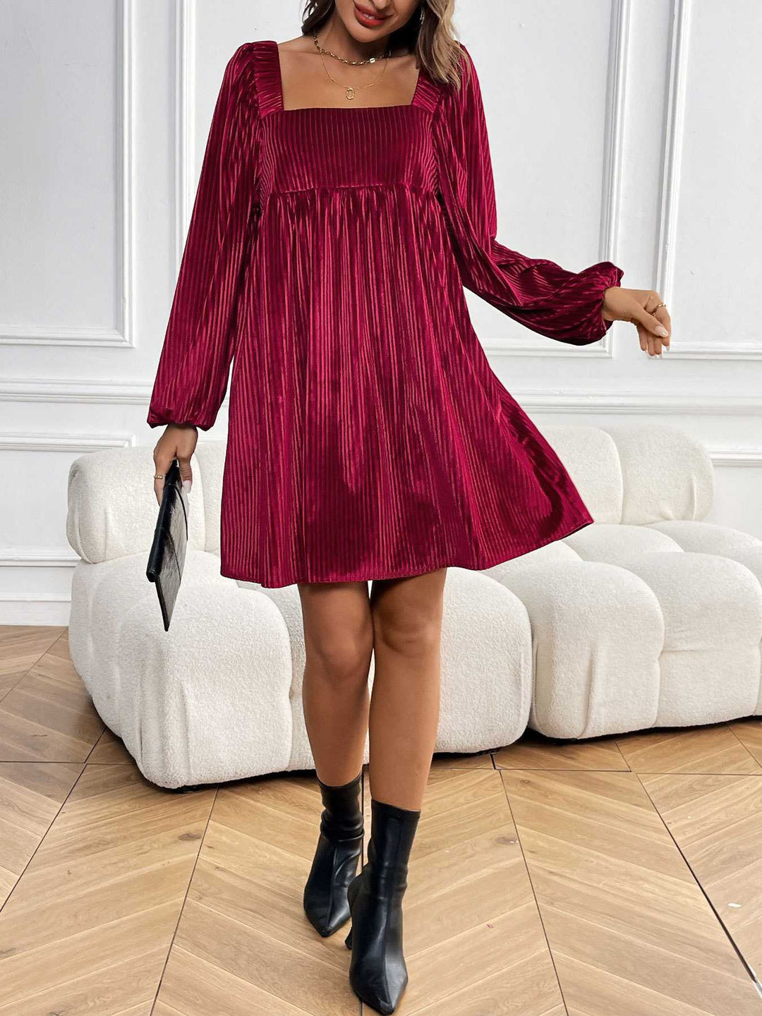 Square Neck Puff Sleeve Velvet Pocket Babydoll Dress - vintage dress, retro fashion