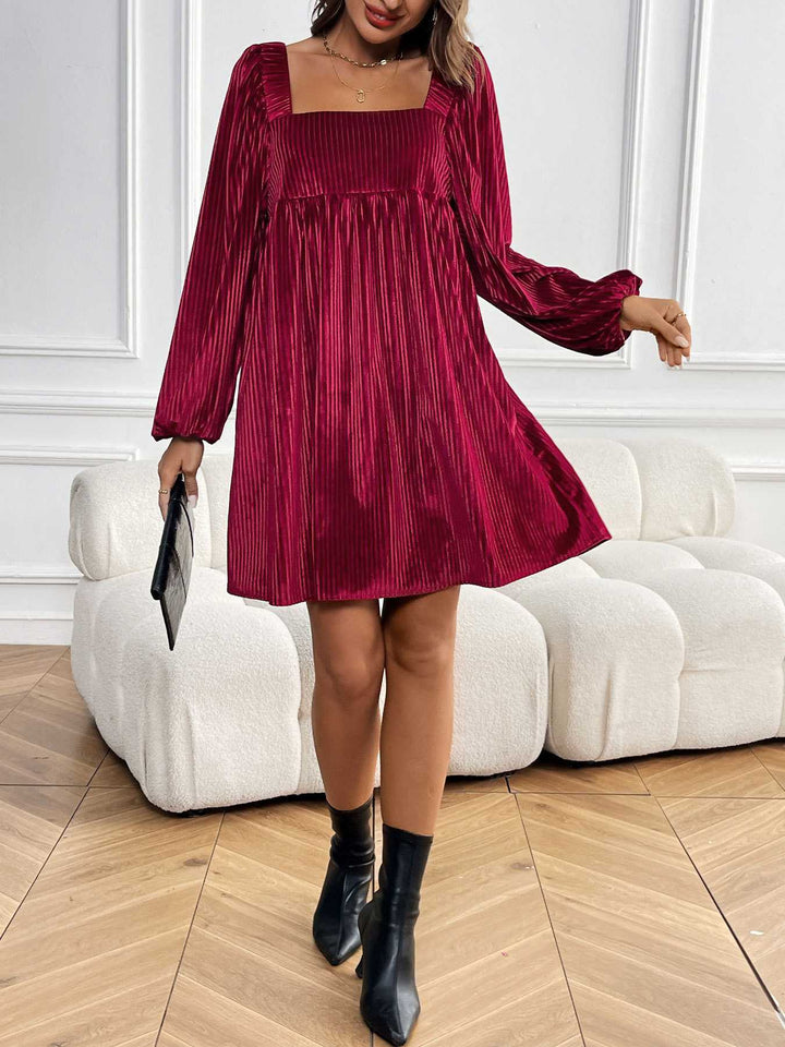 Square Neck Puff Sleeve Velvet Pocket Babydoll Dress - vintage dress, retro fashion