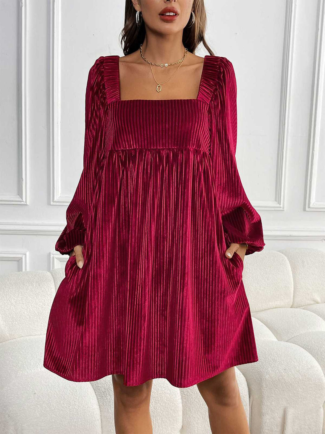 Square Neck Puff Sleeve Velvet Pocket Babydoll Dress - vintage dress, retro fashion