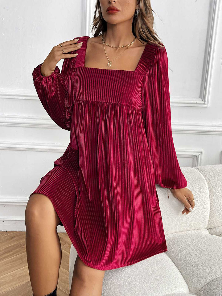 Square Neck Puff Sleeve Velvet Pocket Babydoll Dress - vintage dress, retro fashion
