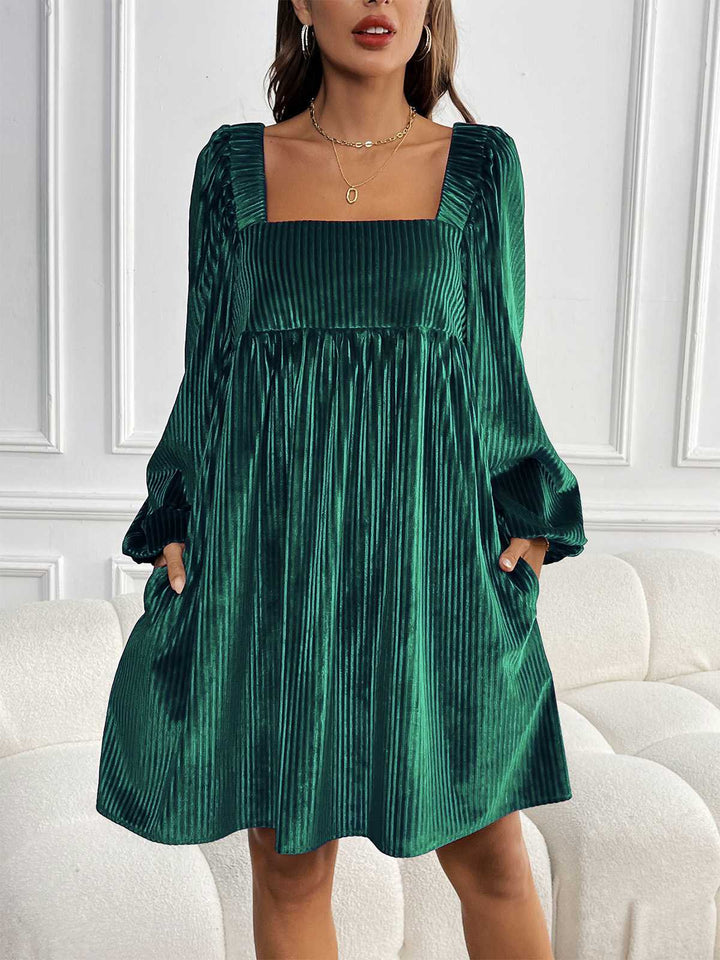 Square Neck Puff Sleeve Velvet Pocket Babydoll Dress - vintage dress, retro fashion