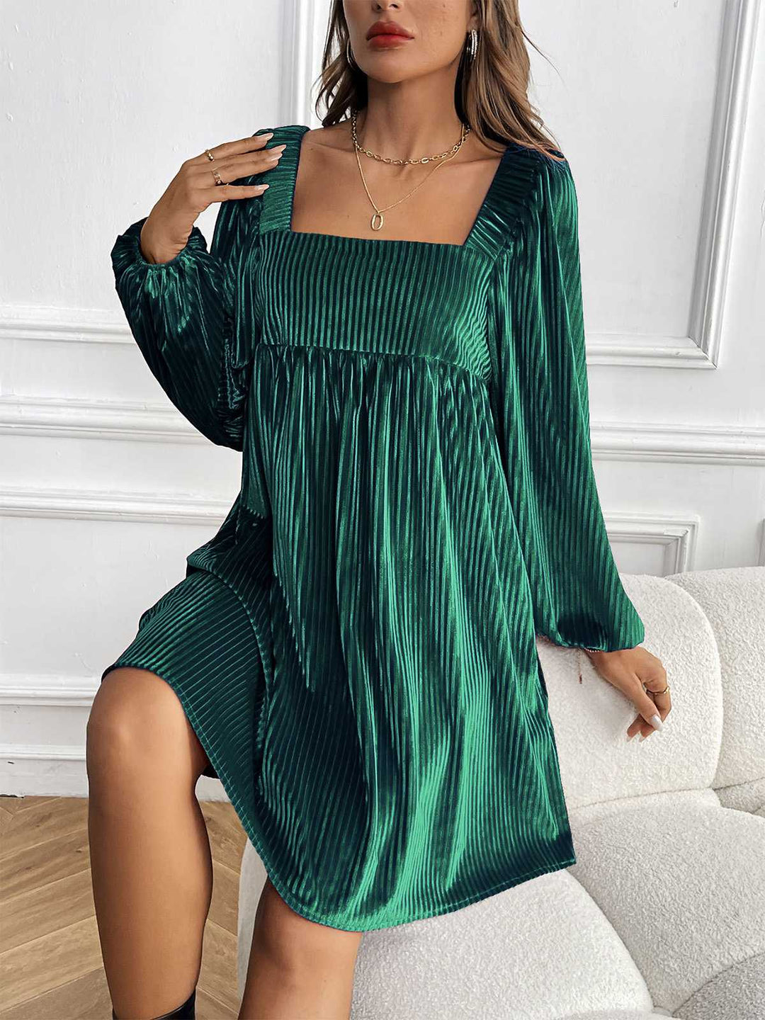 1960s Square Neck Puff Sleeve Velvet Pocket Babydoll Dress - vintage dress, retro fashion