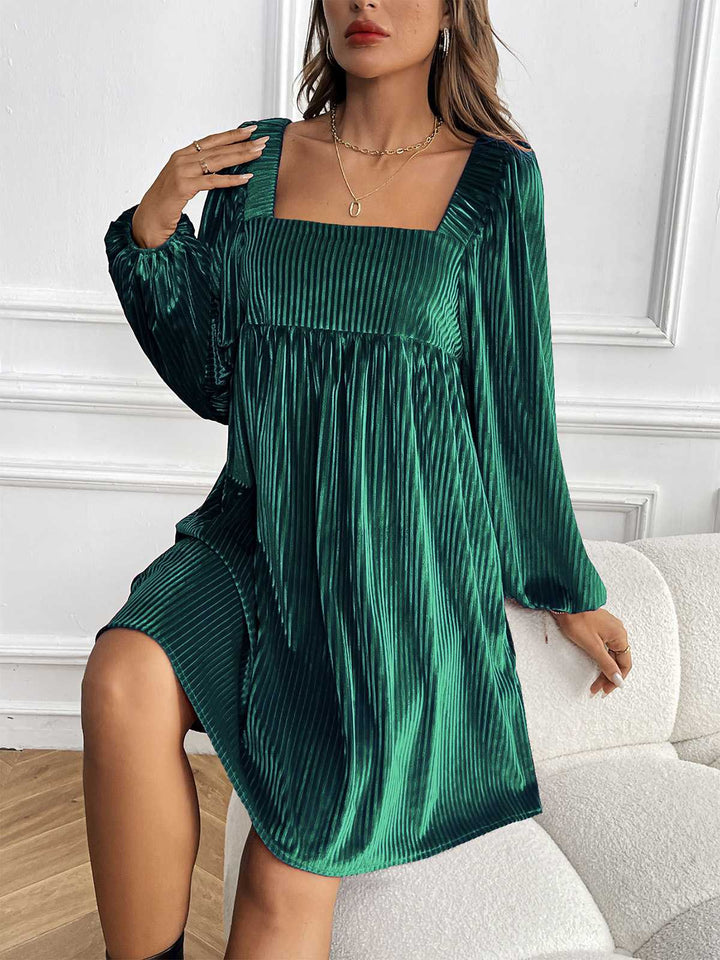 Square Neck Puff Sleeve Velvet Pocket Babydoll Dress - vintage dress, retro fashion