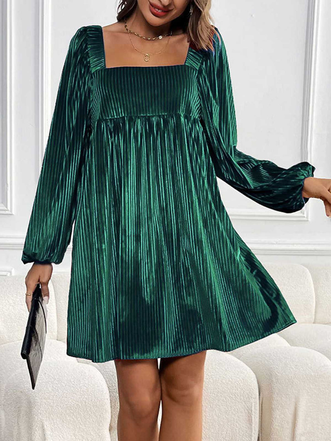 Square Neck Puff Sleeve Velvet Pocket Babydoll Dress - vintage dress, retro fashion