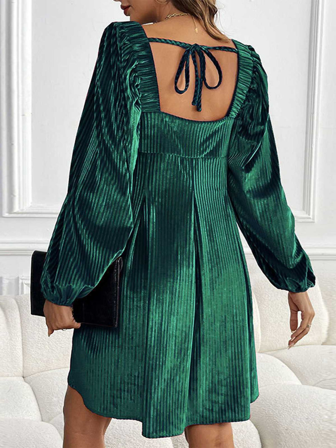 Square Neck Puff Sleeve Velvet Pocket Babydoll Dress - vintage dress, retro fashion