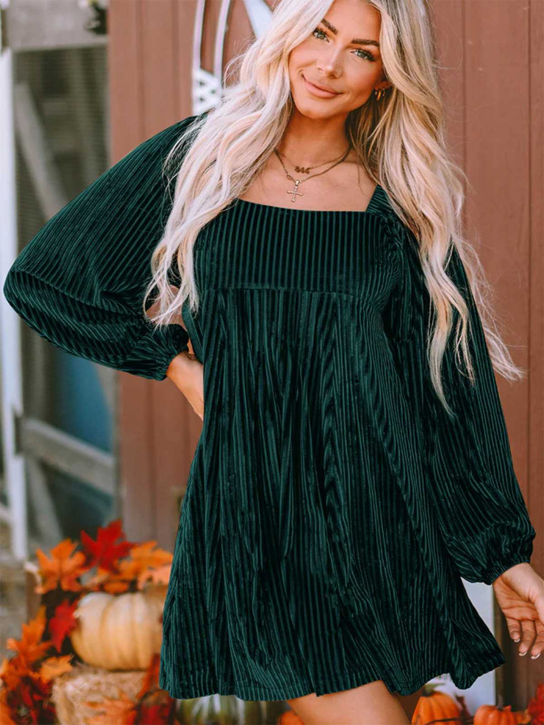 Square Neck Puff Sleeve Velvet Pocket Babydoll Dress - vintage dress, retro fashion