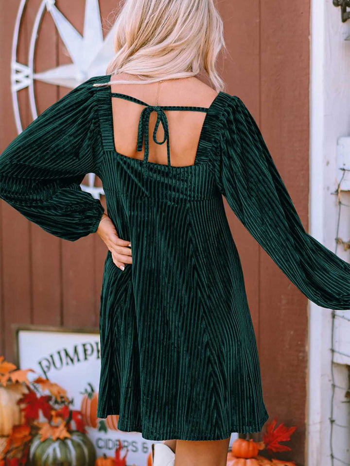 Square Neck Puff Sleeve Velvet Pocket Babydoll Dress - vintage dress, retro fashion
