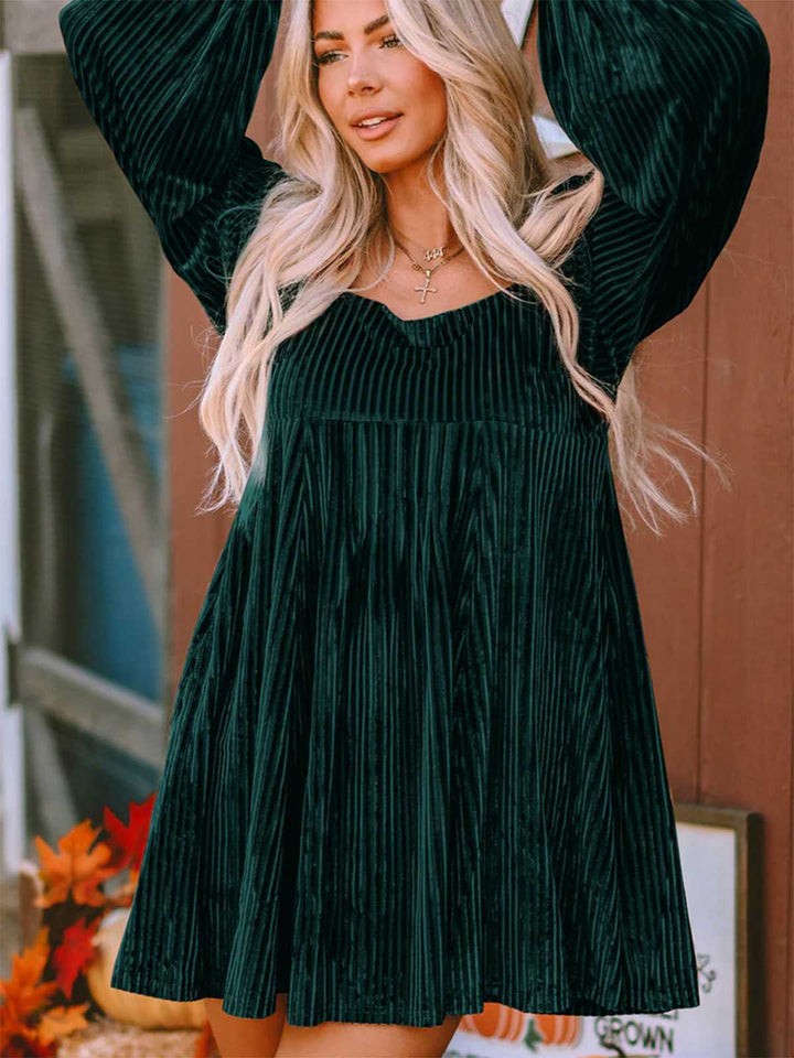 Square Neck Puff Sleeve Velvet Pocket Babydoll Dress - vintage dress, retro fashion