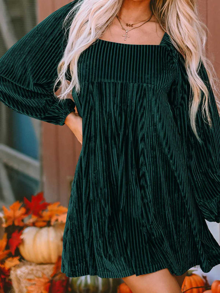 Square Neck Puff Sleeve Velvet Pocket Babydoll Dress - vintage dress, retro fashion