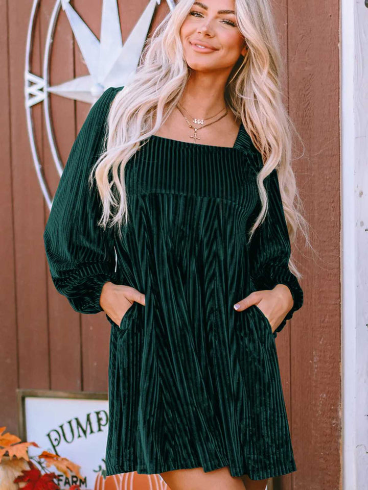 Square Neck Puff Sleeve Velvet Pocket Babydoll Dress - vintage dress, retro fashion