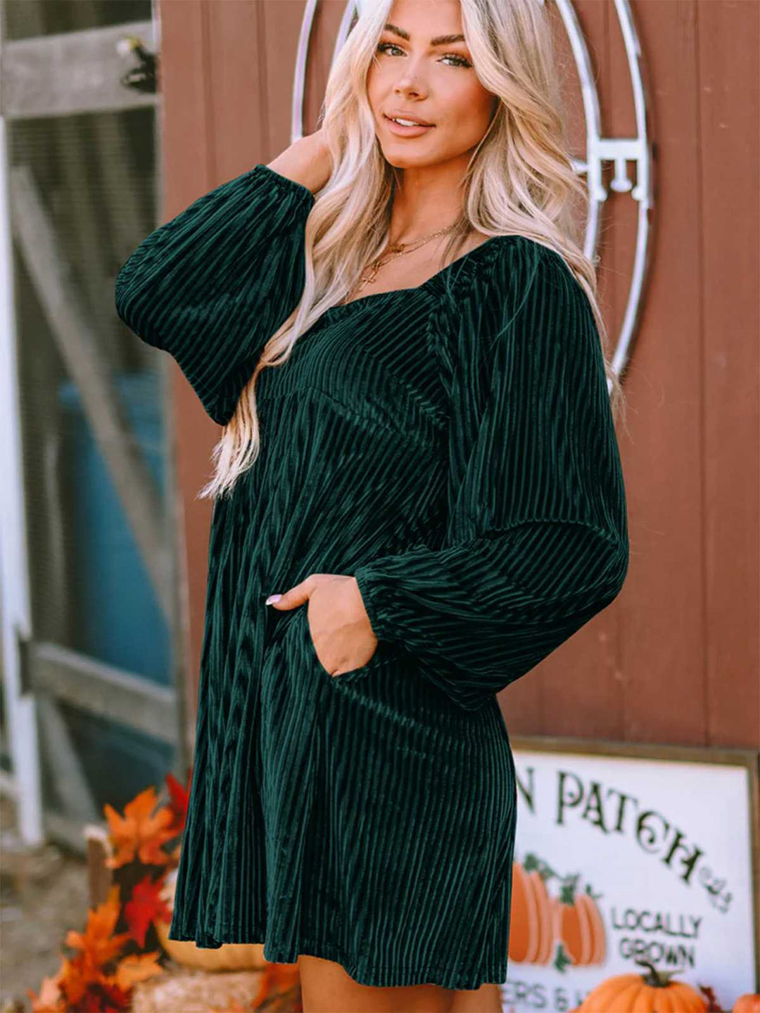 Square Neck Puff Sleeve Velvet Pocket Babydoll Dress - vintage dress, retro fashion