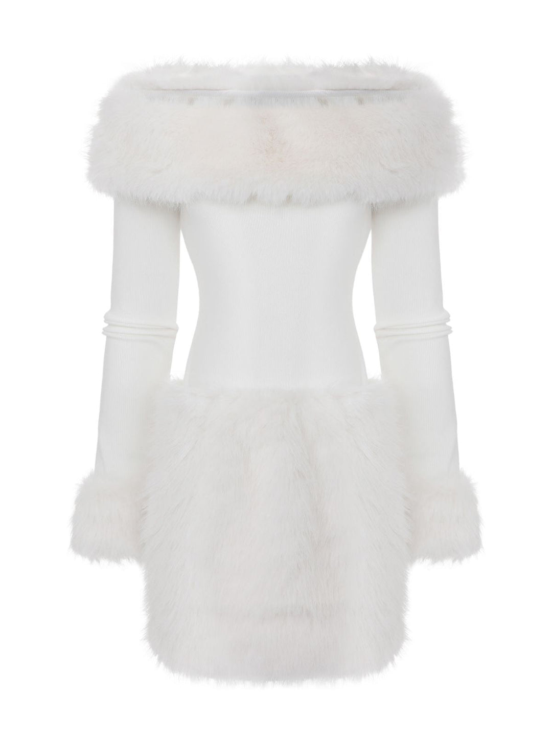 White 1960s Christmas Faux Fur Trim Off-Shoulder Dress - vintage dress, fashion, pure white