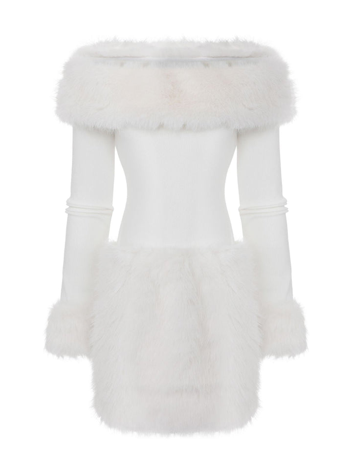 White 1960s Christmas Faux Fur Trim Off-Shoulder Dress - vintage dress, fashion, pure white