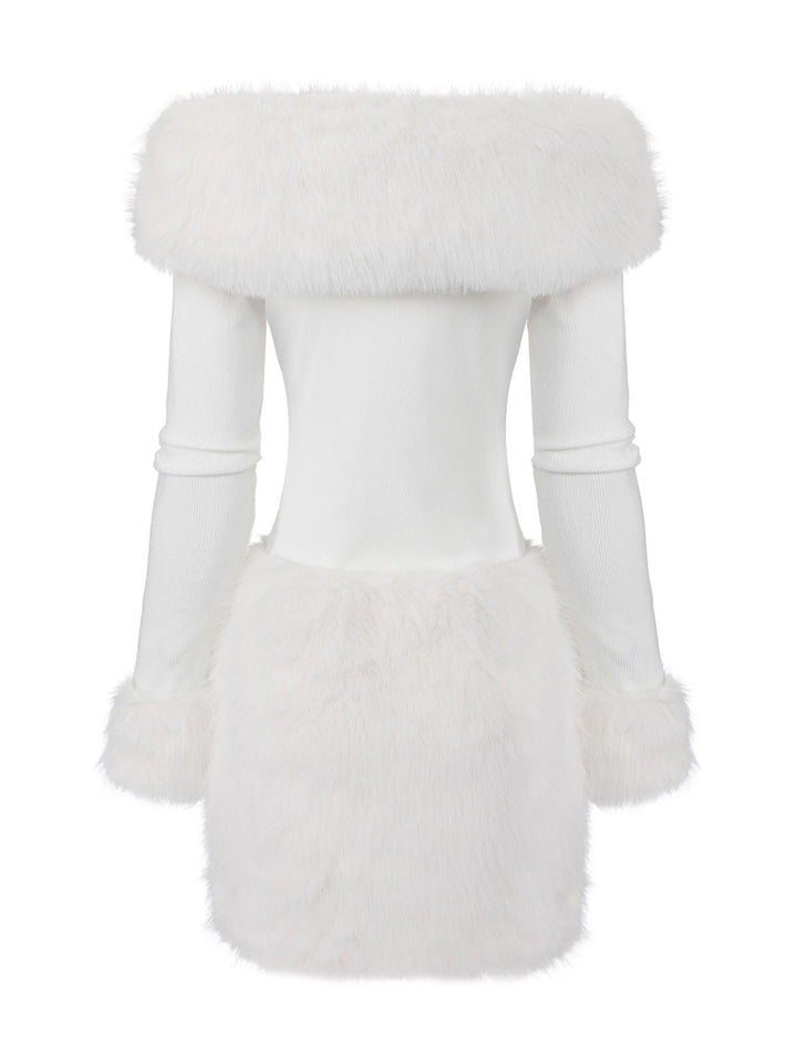 White 1960s Christmas Faux Fur Trim Off-Shoulder Dress - vintage dress, fashion, pure white