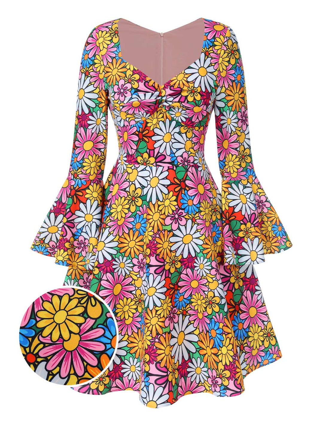 She slips into this 1960s Flare Sleeve Colorful Daisy Dress and suddenly it&