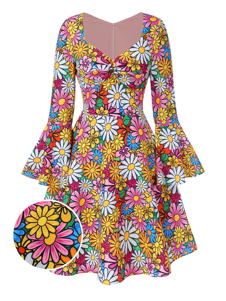 She slips into this 1960s Flare Sleeve Colorful Daisy Dress and suddenly it&