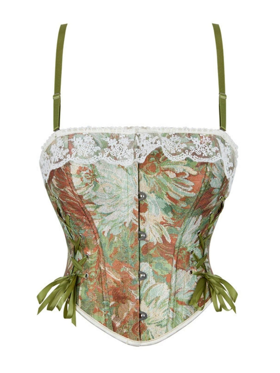1960s Floral Lace Spaghetti Straps Corset Top - vintage fashion, retro style