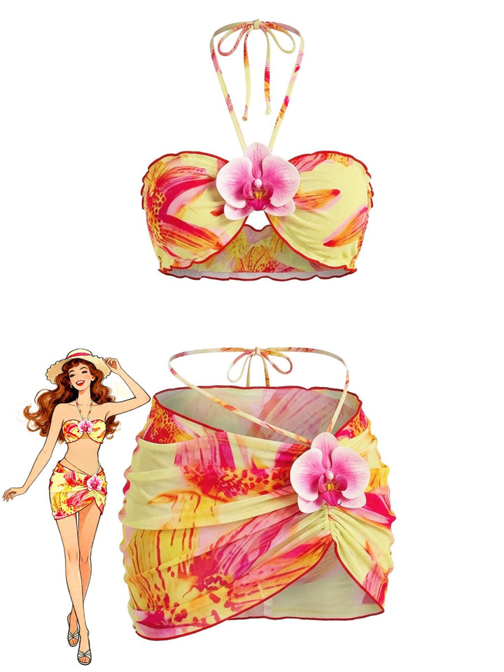 1960s Floral Print Halter Bikini Set &amp; Bodycon Cover-Up - vintage fashion, retro style