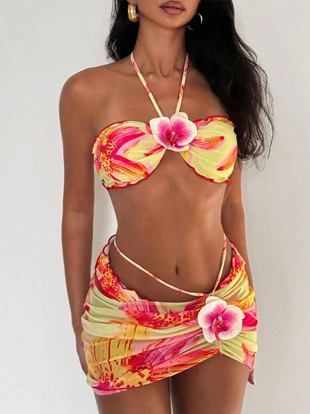 1960s Floral Print Halter Bikini Set &amp; Bodycon Cover-Up - vintage fashion, retro style