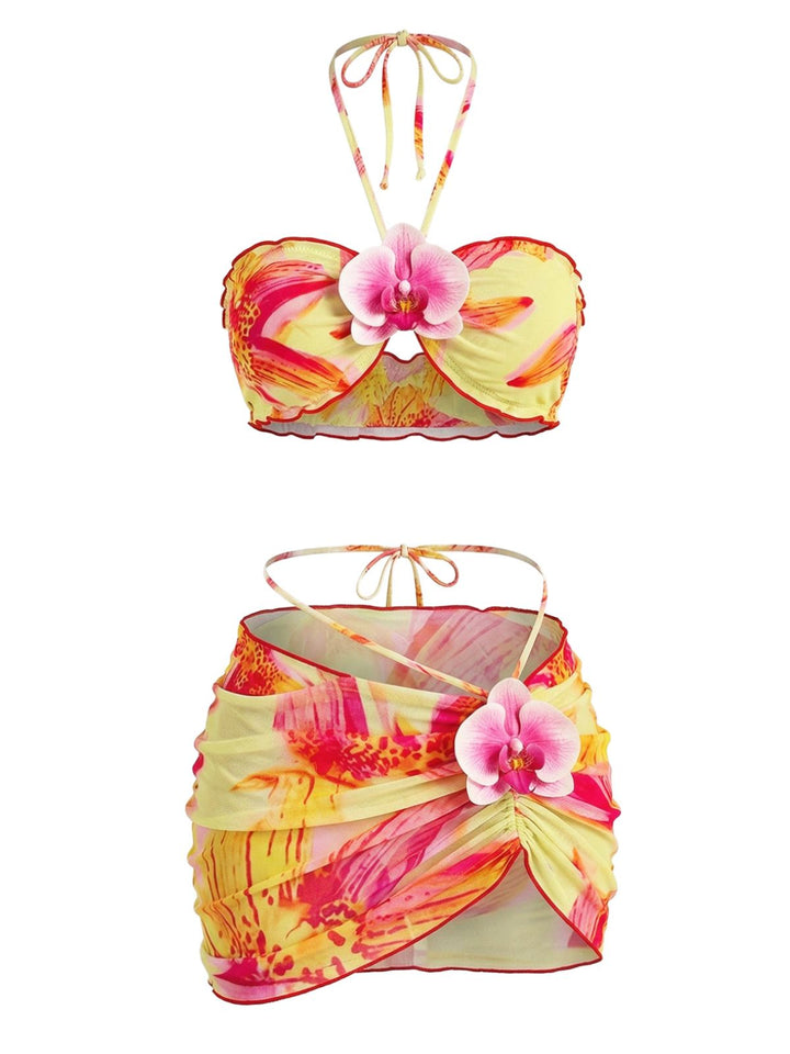 1960s Floral Print Halter Bikini Set &amp; Bodycon Cover-Up - vintage fashion, retro style