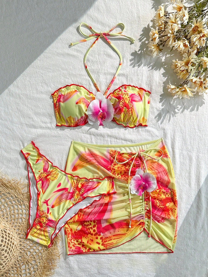 1960s Floral Print Halter Bikini Set &amp; Bodycon Cover-Up - vintage fashion, retro style