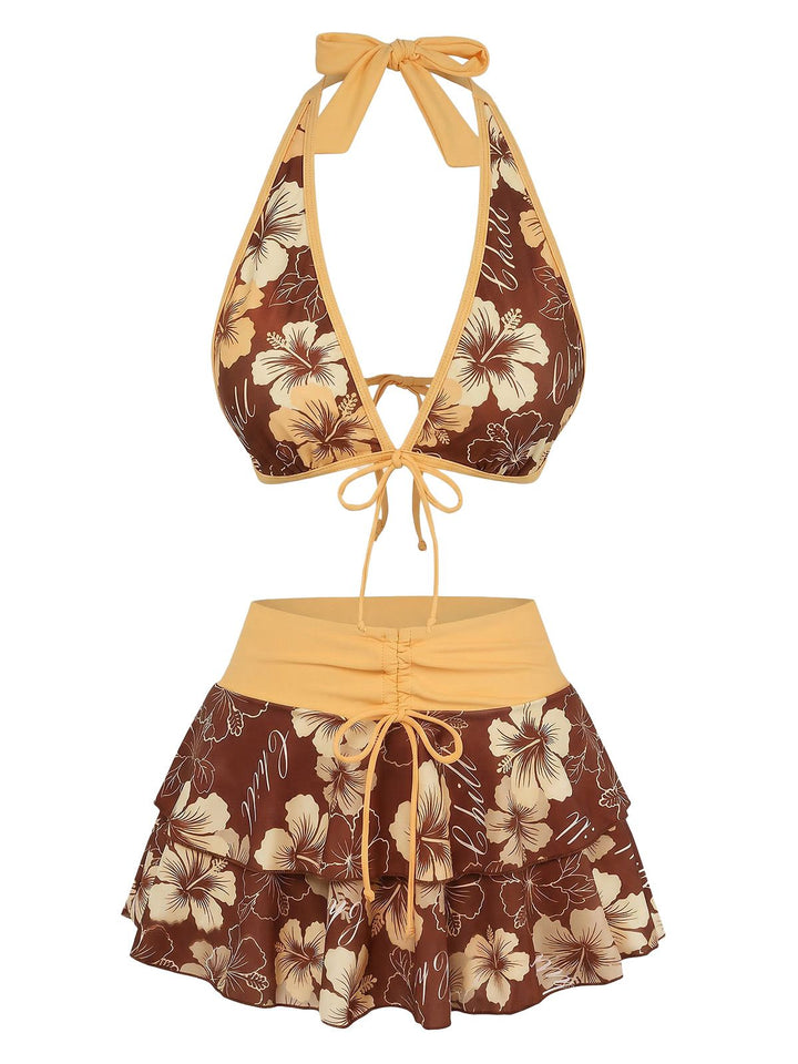 1960s Floral Print Tie-Front Layered Bikini Set - vintage fashion, retro style, elegant red