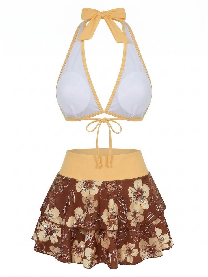 1960s Floral Print Tie-Front Layered Bikini Set - vintage fashion, retro style, elegant red