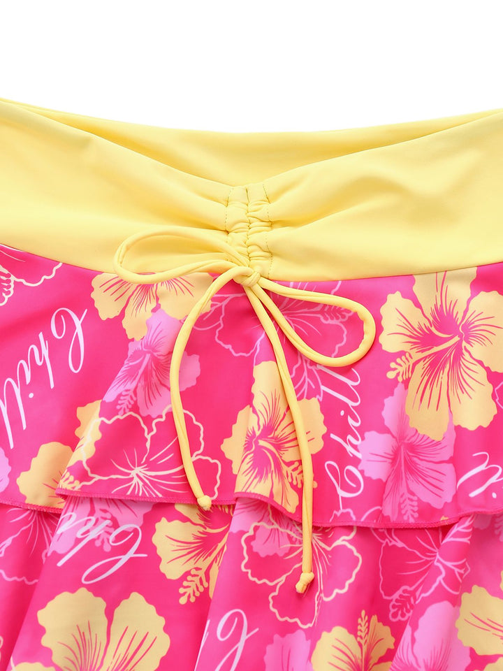1960s Floral Print Tie-Front Layered Bikini Set - vintage fashion, retro style, elegant red
