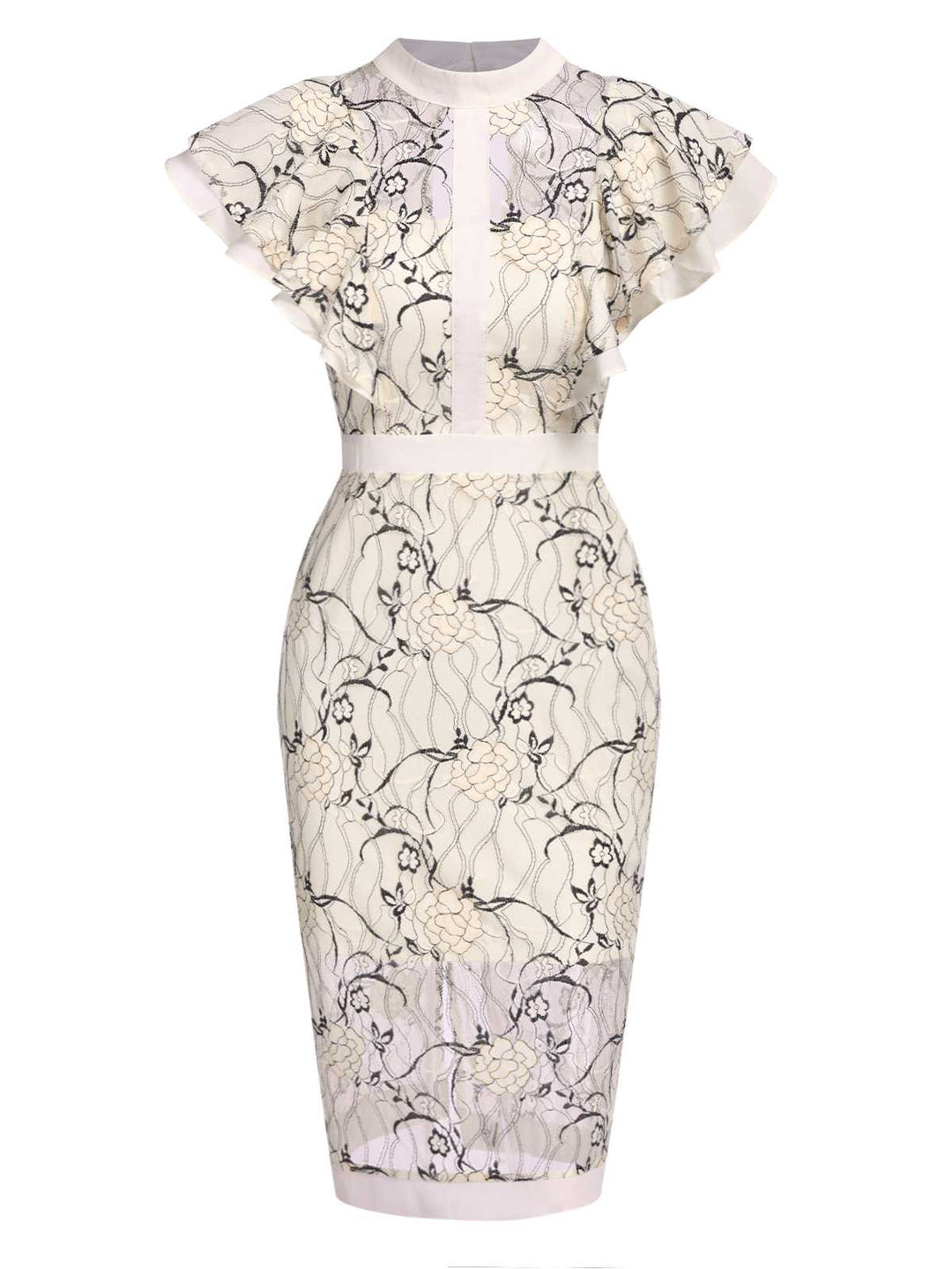 She slips into this 1960s Floral Sheer Lace Pencil Dress and suddenly it&