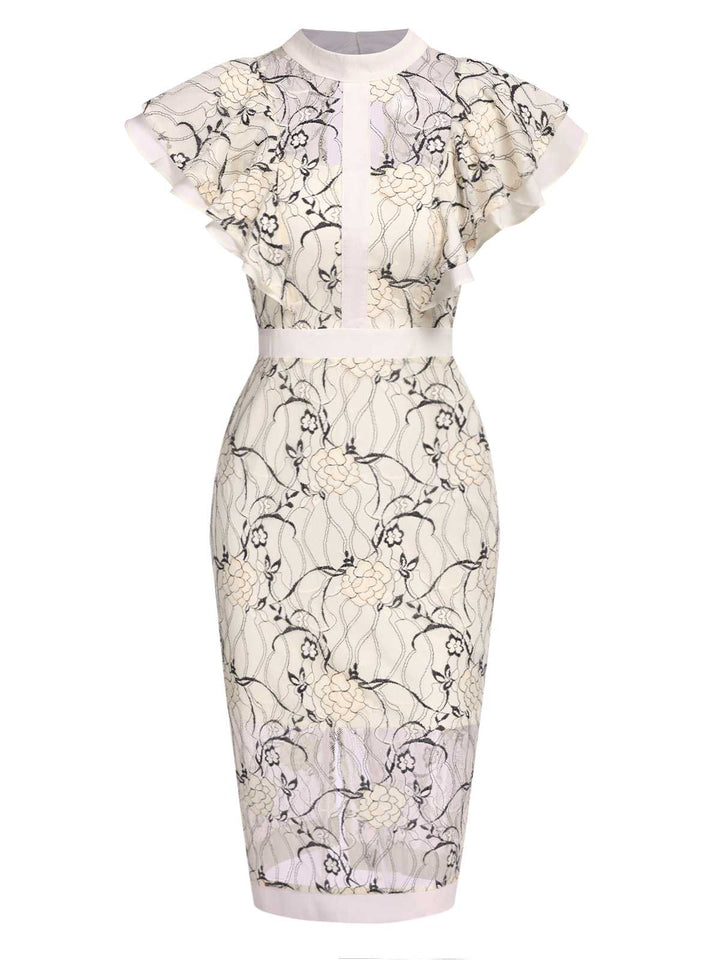 She slips into this 1960s Floral Sheer Lace Pencil Dress and suddenly it&