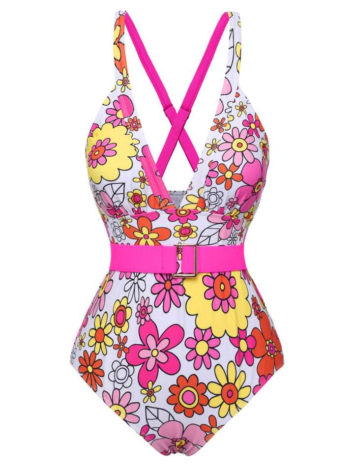 Flowers Back-Cross Strap Belt Swimsuit: Riviera elegance, reimagined for her