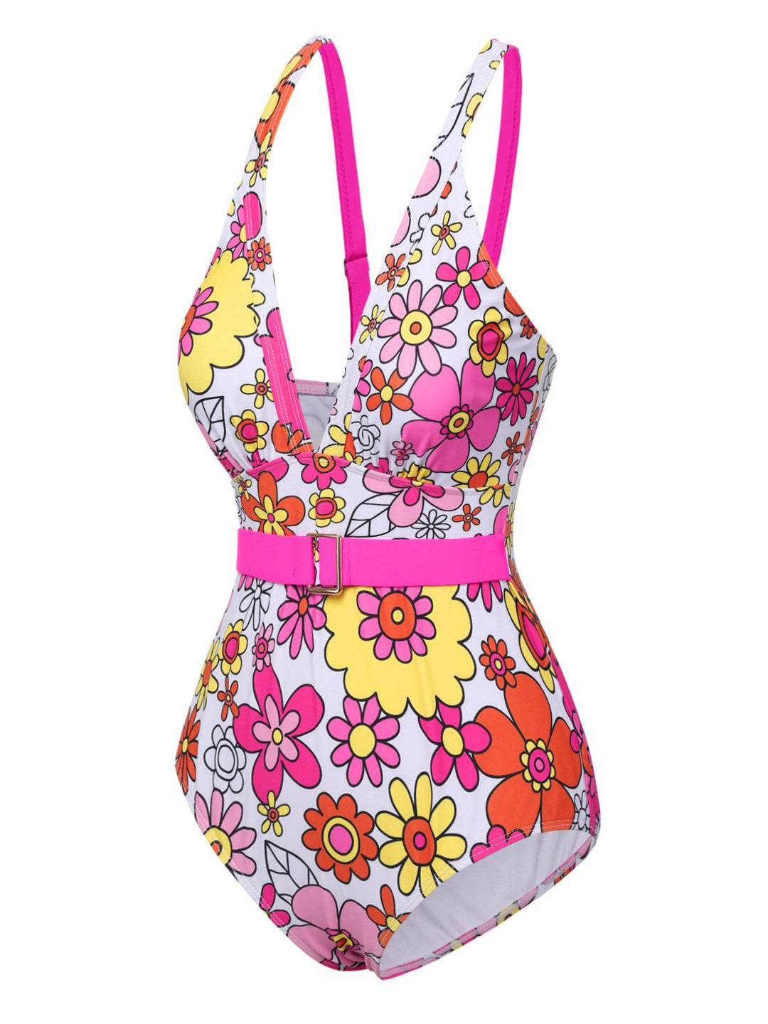 This Flowers Back-Cross Strap Belt Swimsuit carries vacation dreams in every stitch