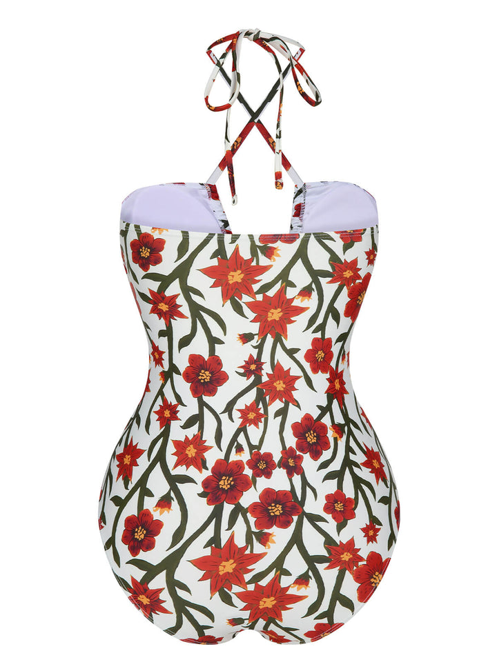 1960s Front Hollow Floral Halter Swimsuit, vintage swimsuit, pin-up swimwear - perfect for women who love vintage and retro fashion