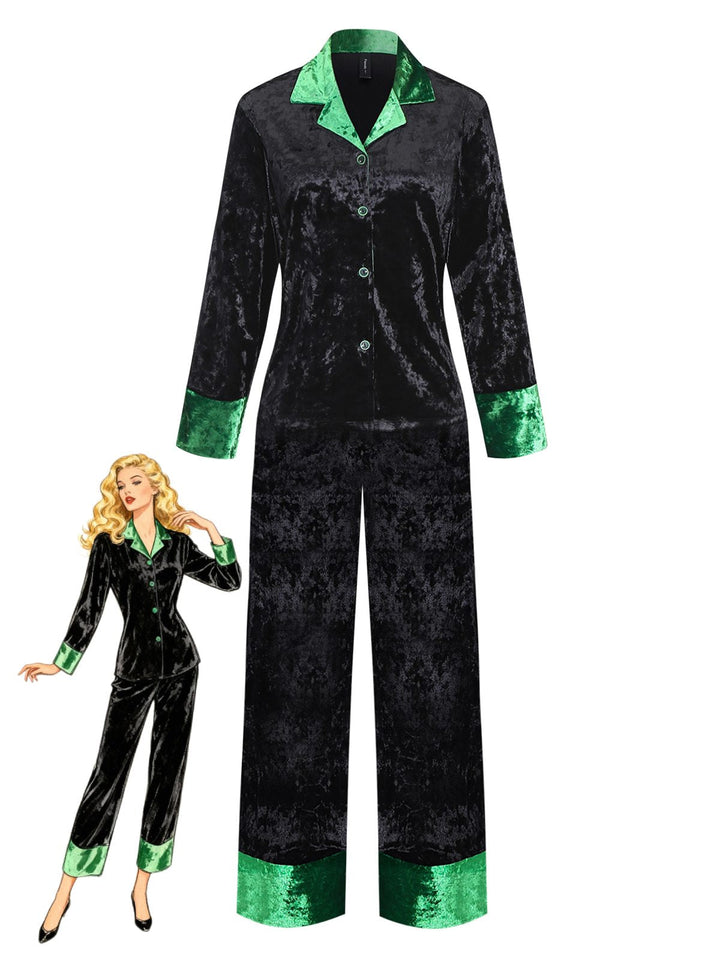 Green &amp; Black Shimmer Velvet Notched Collar Pajama Set - vintage fashion, retro style, classic black